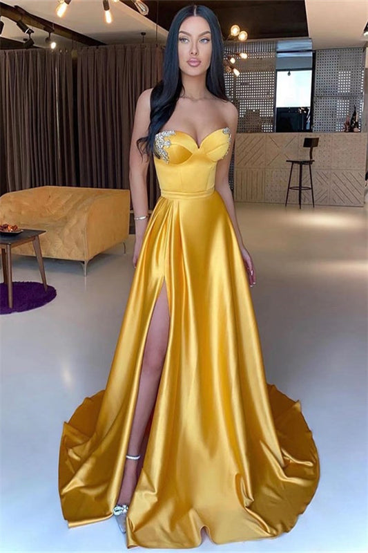 Sweetheart Yellow Mermaid Beading Prom Dress Slit