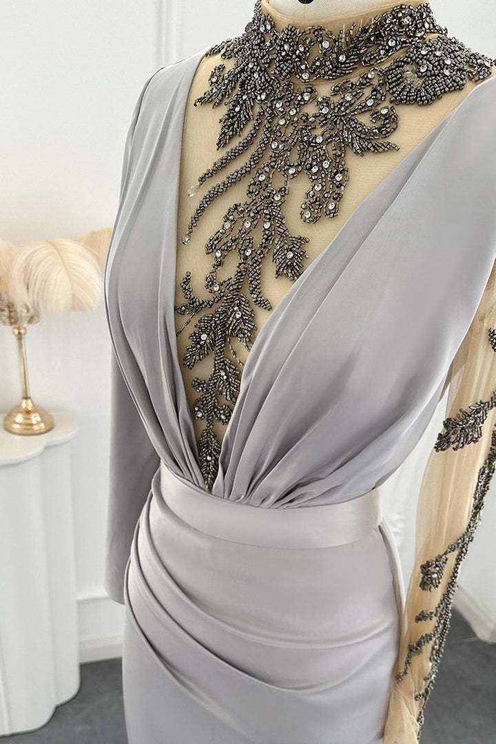 Jewel Neck Mermaid Evening Dress Long Sleeves Floor Length With Appliques
