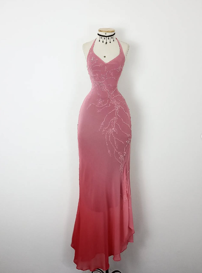 Retro Mermaid Halter Pink Ombre Beaded Chiffon Open Back Prom Dress Evening Dress SH3368