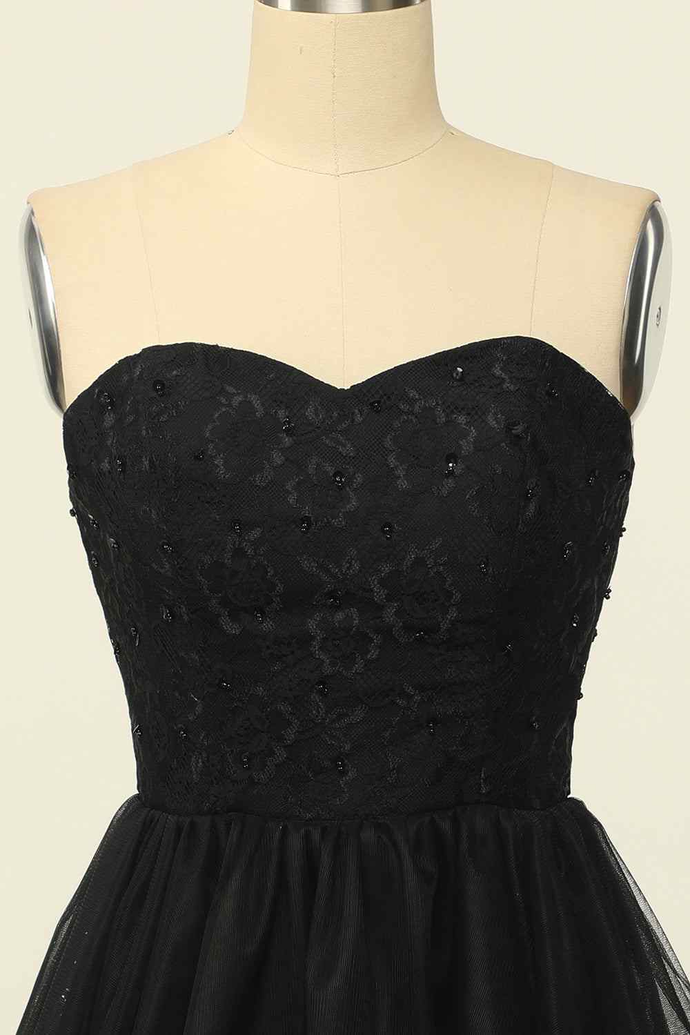 Black A-line Strapless Lace Beaded Lace-Up Back Mini Homecoming Dress