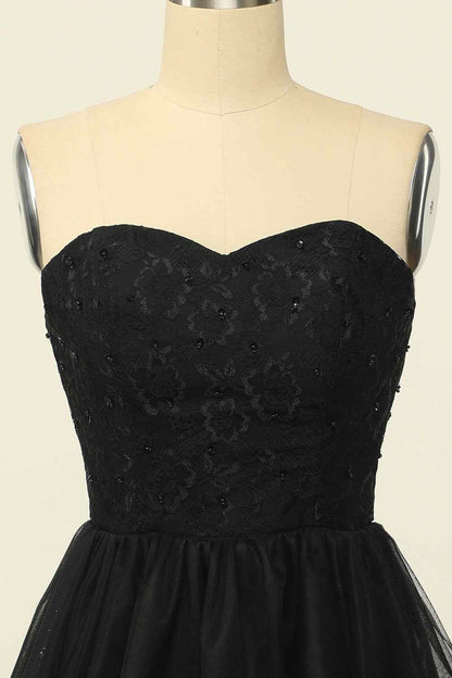 Black A-line Strapless Lace Beaded Lace-Up Back Mini Homecoming Dress