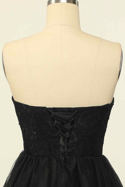 Black A-line Strapless Lace Beaded Lace-Up Back Mini Homecoming Dress
