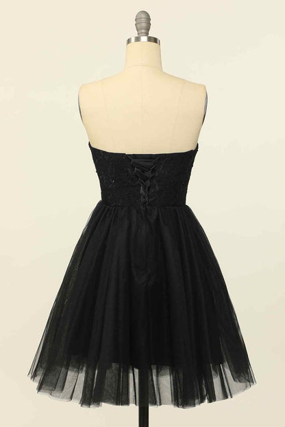 Black A-line Strapless Lace Beaded Lace-Up Back Mini Homecoming Dress