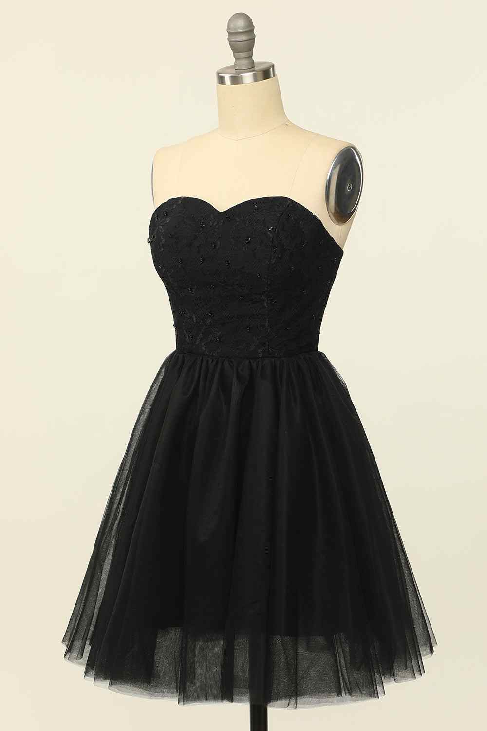 Black A-line Strapless Lace Beaded Lace-Up Back Mini Homecoming Dress