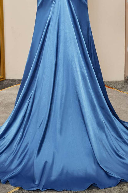 Blue Strapless Mermaid Boned Satin Long Prom Dress with Slit