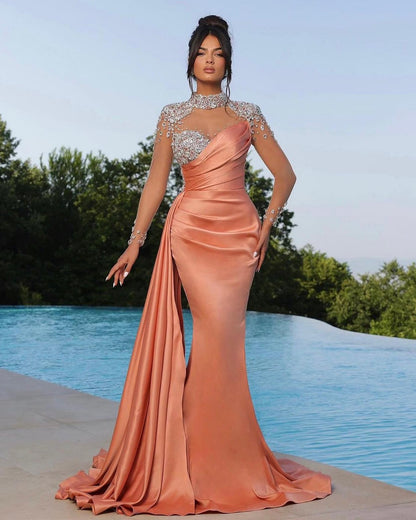 Chic Long Sleeves  Beaded Satin Mermaid Prom Dress with Ruffles