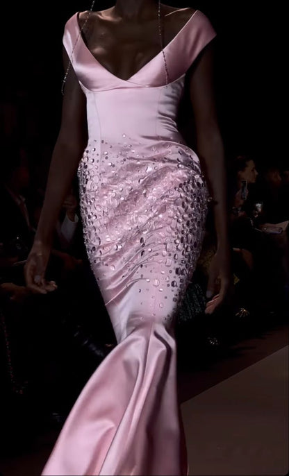 Pink Classy Mermaid Off the Shoulder Rhinestone Satin Long Prom Dress Evening Dress SH3452