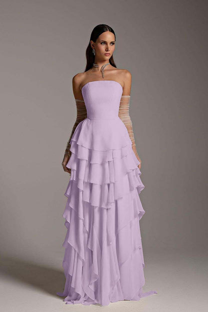 Charming Strapless Sleeveless Square Ruffles Long Prom Dress With Gloves