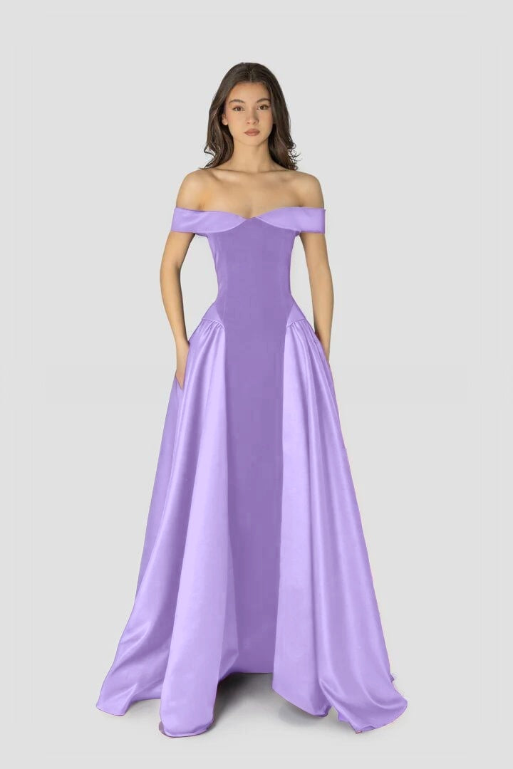 Dreamy Satin Sleeveless Off the Shoulder A-Line Long Evening Dress