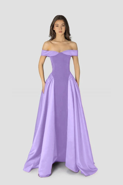 Dreamy Satin Sleeveless Off the Shoulder A-Line Long Evening Dress