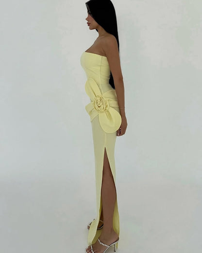 Charming Daffodil Strapless Sleeveless Floral Applique Prom Dress with Split