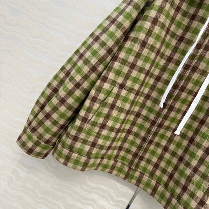 Miumiu Faux Two-Piece Detachable Hood Plaid Jacket Green Polyester