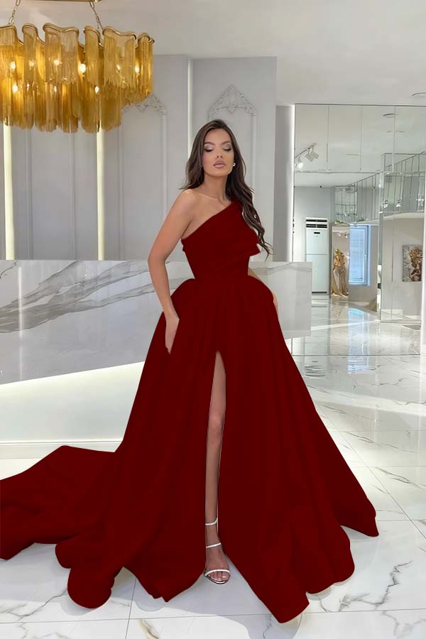 Black Satin Sleeveless One Shoulder Strap Long Prom Dress With Slit