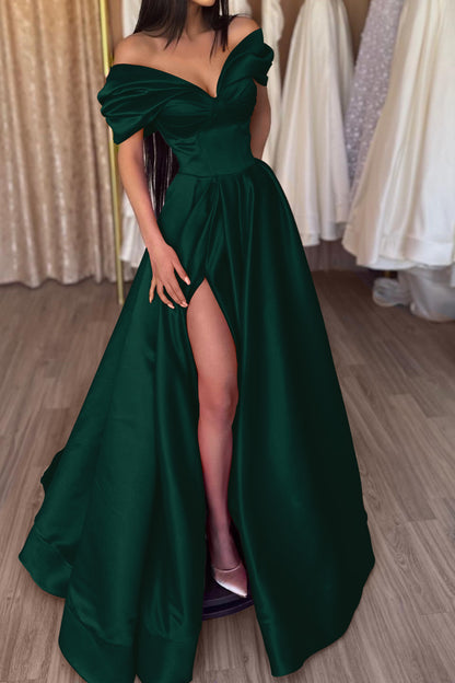 A-Line Fuchsia Portrait Prom Dress With Slit