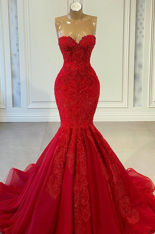Sweetheart Red Sleeveless Mermaid Prom Dress With Beadings