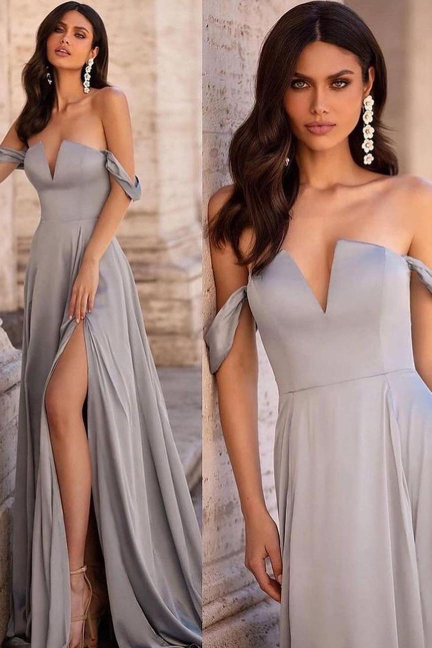 Simple Satin Off the Shoulder Strapless V Neck Long Prom Dress with Split