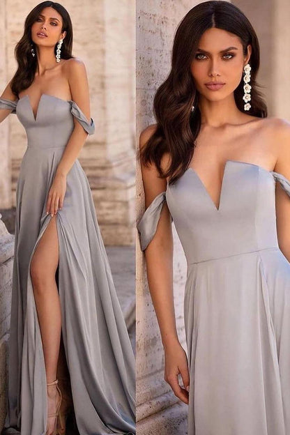 Simple Satin Off the Shoulder Strapless V Neck Long Prom Dress with Split