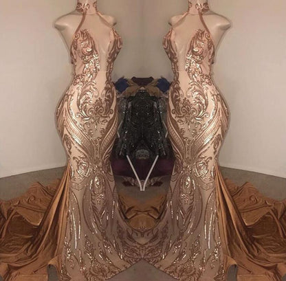 Elegant V-Neck Sequins Halter Mermaid Prom Dress