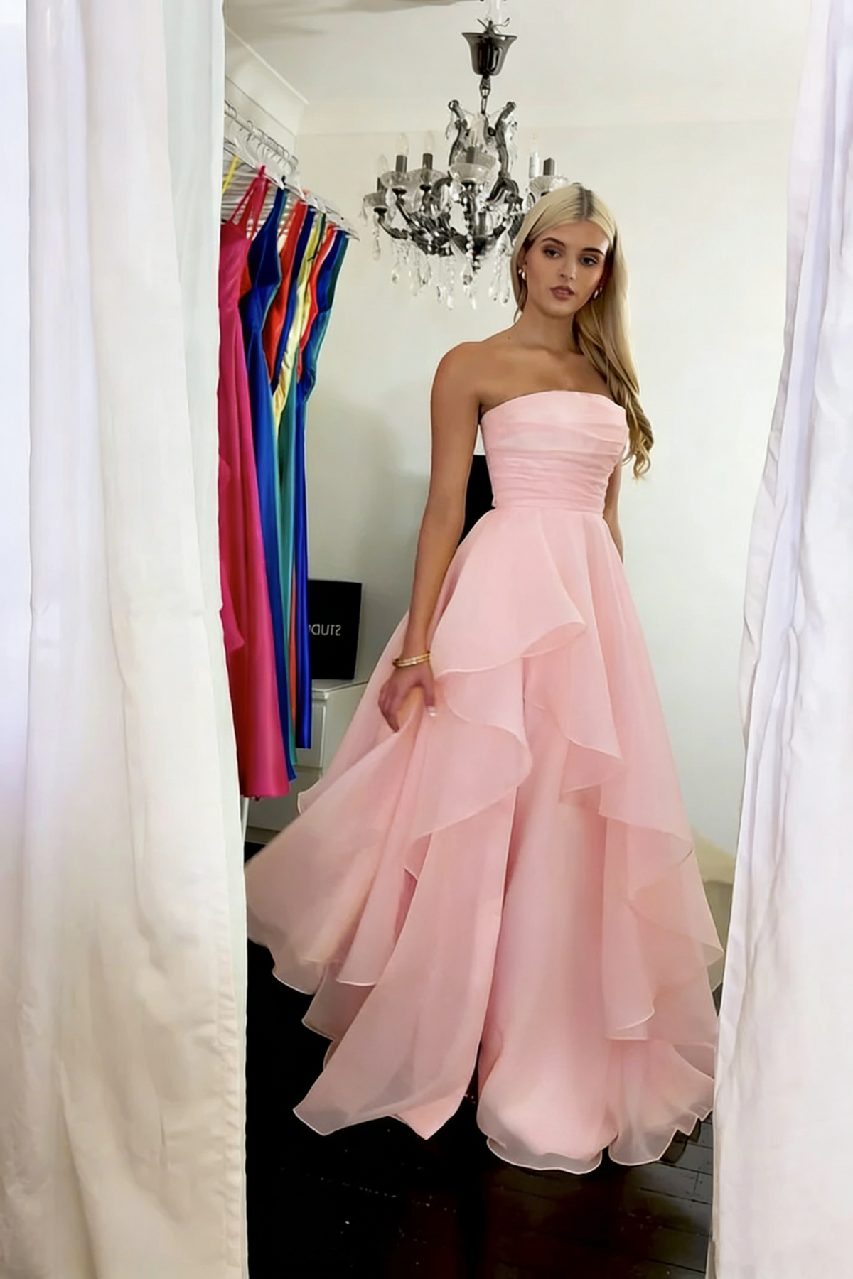 Classy Strapless Yellow Satin Tulle Slit Long Prom Dress Formal Birthday Party Dress D1141