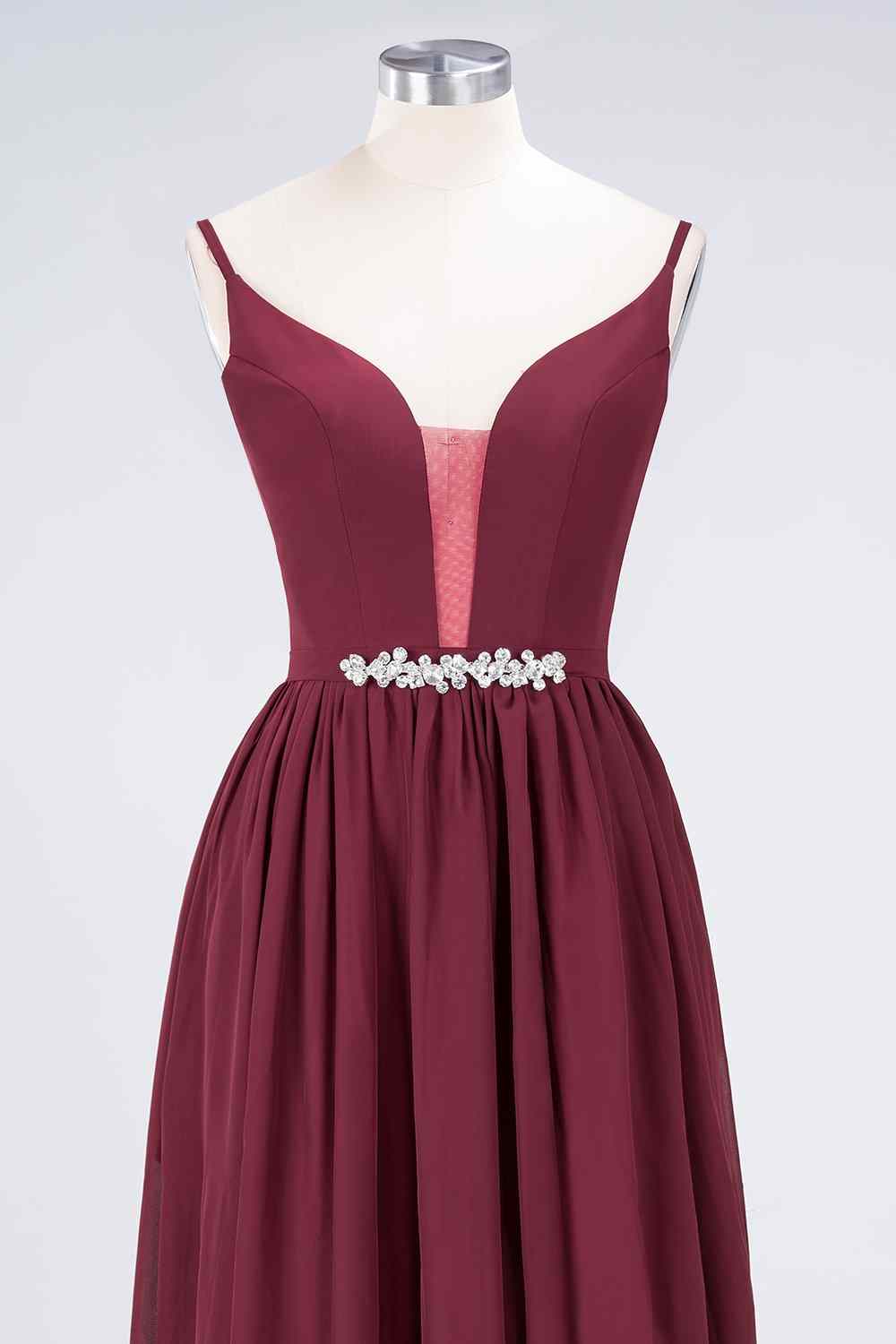 Burgundy A-line Plunging V Neck Chiffon Long Bridesmaid Dress with Beaded Sash