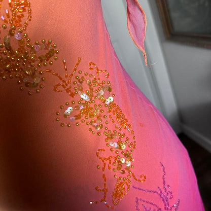 Orange Gradient Exquisite Beaded Spaghetti Strap Midi Chiffon Slim Ball Gown Evening Dress Party Dress Prom Dress SH3531