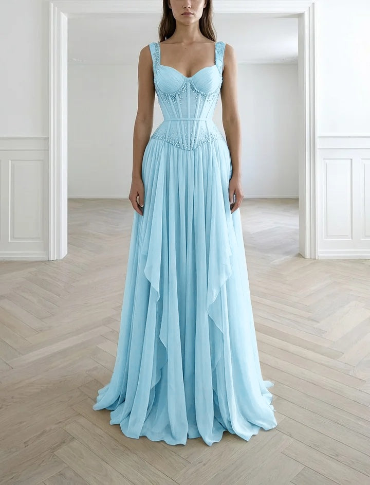 Graceful Sleeveless Wide Straps Beaded Ruffles Long Evening Dress