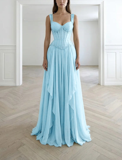 Graceful Sleeveless Wide Straps Beaded Ruffles Long Evening Dress