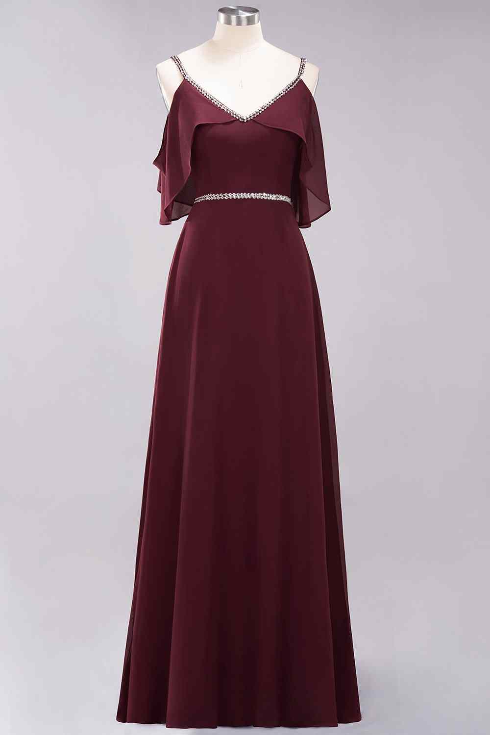 Burgundy A-line V Neck Off-the-Shoulder Beading Chiffon Long Bridesmaid Dress
