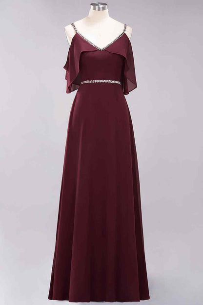Burgundy A-line V Neck Off-the-Shoulder Beading Chiffon Long Bridesmaid Dress