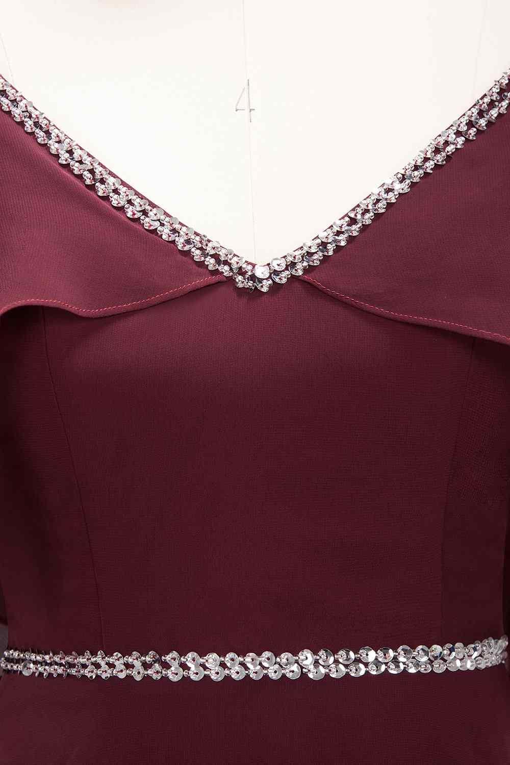 Burgundy A-line V Neck Off-the-Shoulder Beading Chiffon Long Bridesmaid Dress