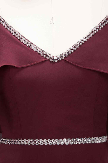 Burgundy A-line V Neck Off-the-Shoulder Beading Chiffon Long Bridesmaid Dress
