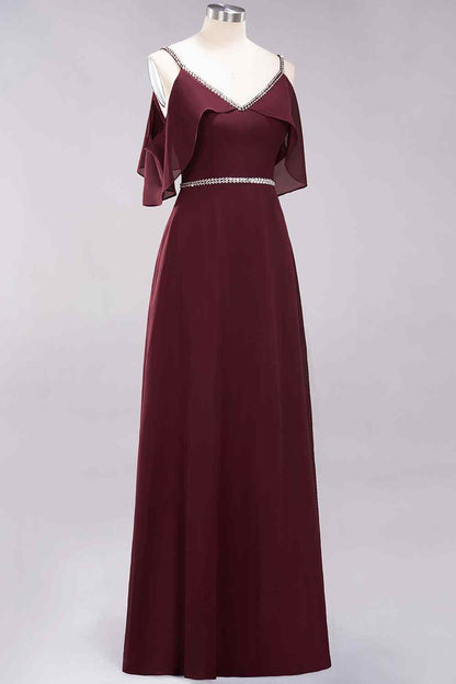 Burgundy A-line V Neck Off-the-Shoulder Beading Chiffon Long Bridesmaid Dress