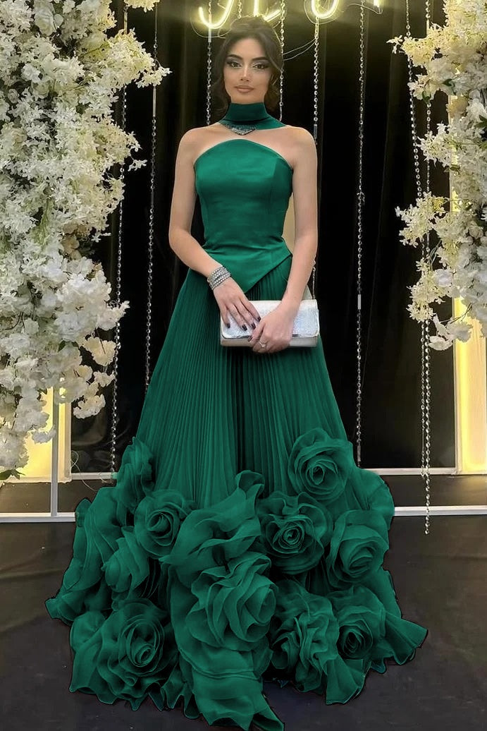 Strapless Sleeveless Long Ruffle Evening Dress With Flower Pleated