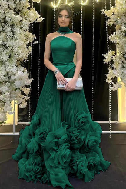 Strapless Sleeveless Long Ruffle Evening Dress With Flower Pleated