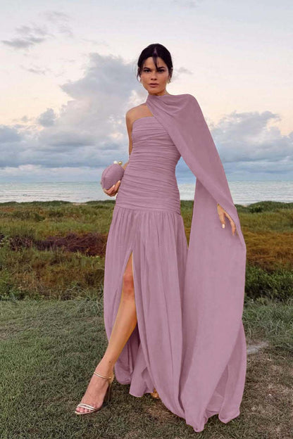 Elegant Daffodil Chiffon Strapless Sleeveless Split Prom Dress with Scarf