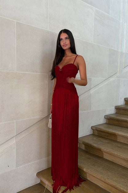 Elegant Sequin Fringe Long Sleeveless Prom Dress with Spaghetti Straps