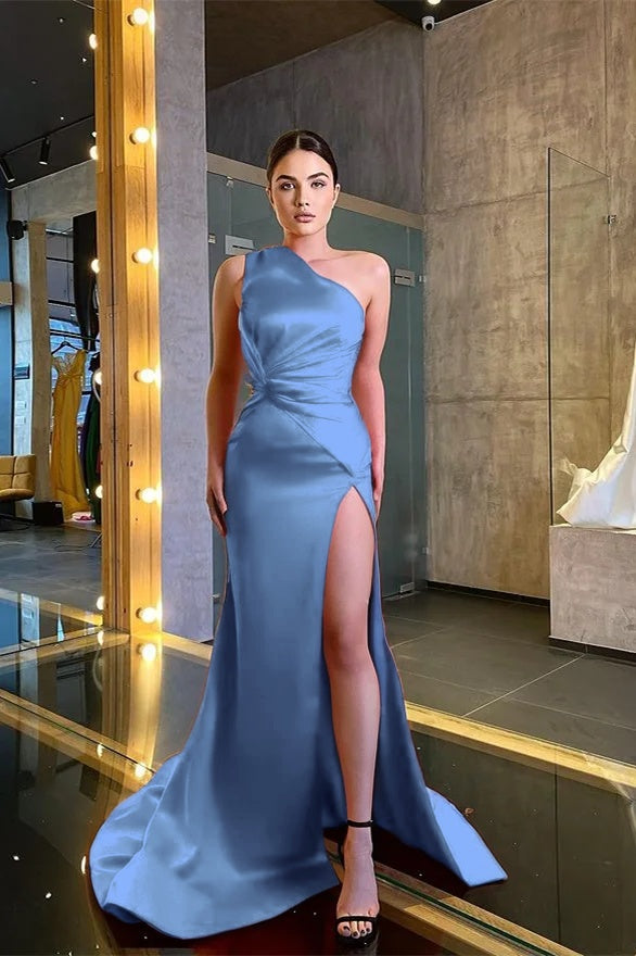 One Shoulder Sleeveless Mermaid Prom Dress Red With Slit