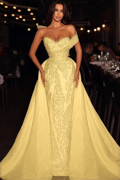 Baby Blue Embroidery Sleeveless Strapless One-Shoulder Mermaid Beads Prom Dress