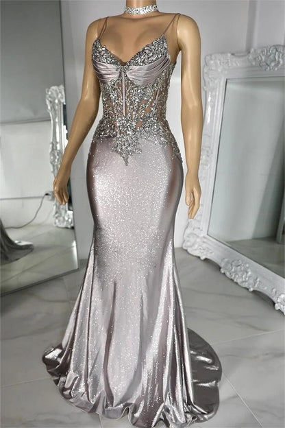 Spaghetti Strap Sleeveless V-Neck Mermaid Long Prom Dress With Sequins