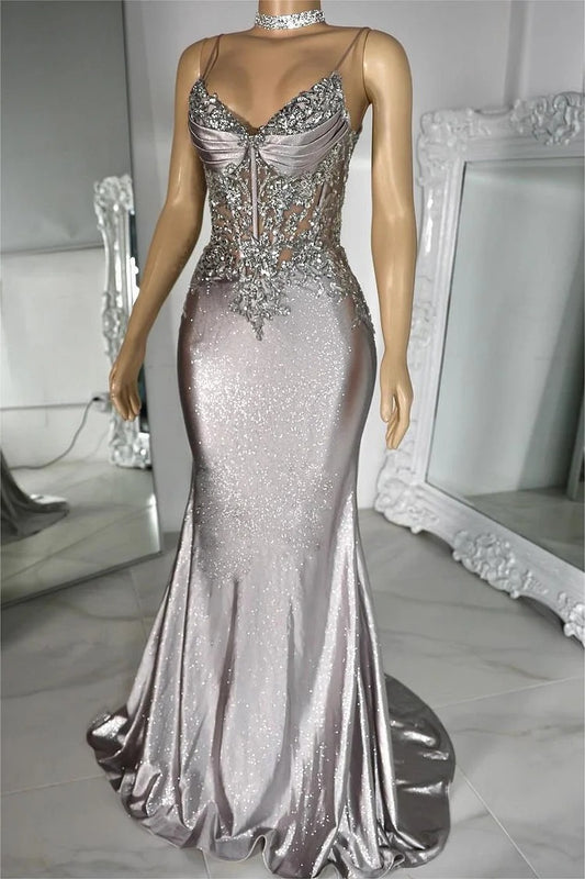 Spaghetti Strap Sleeveless V-Neck Mermaid Long Prom Dress With Sequins