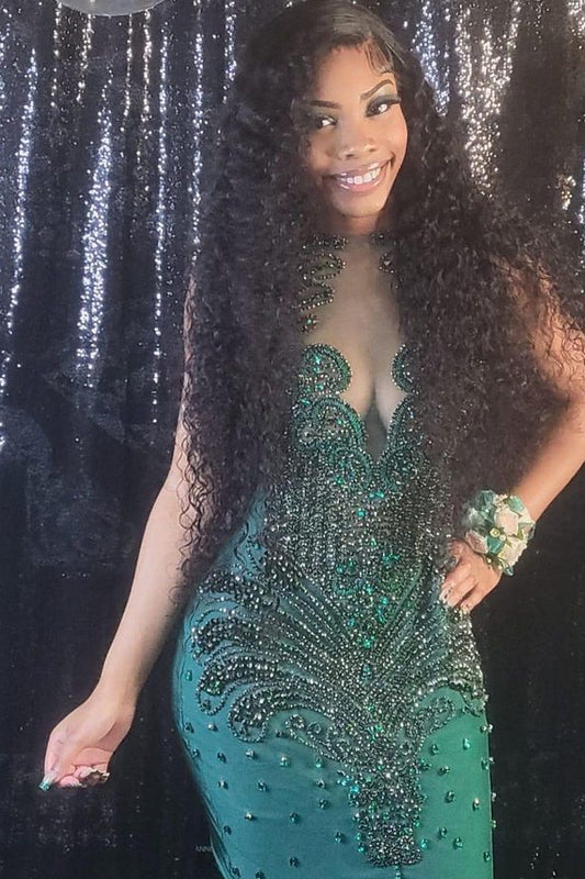Mermaid Dark Green Sequins Prom Dress Beaded With Appliques