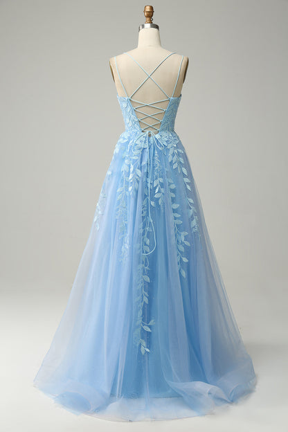 Bateau Sleeveless Tulle A-Line Lace Appliques Prom Party Dress