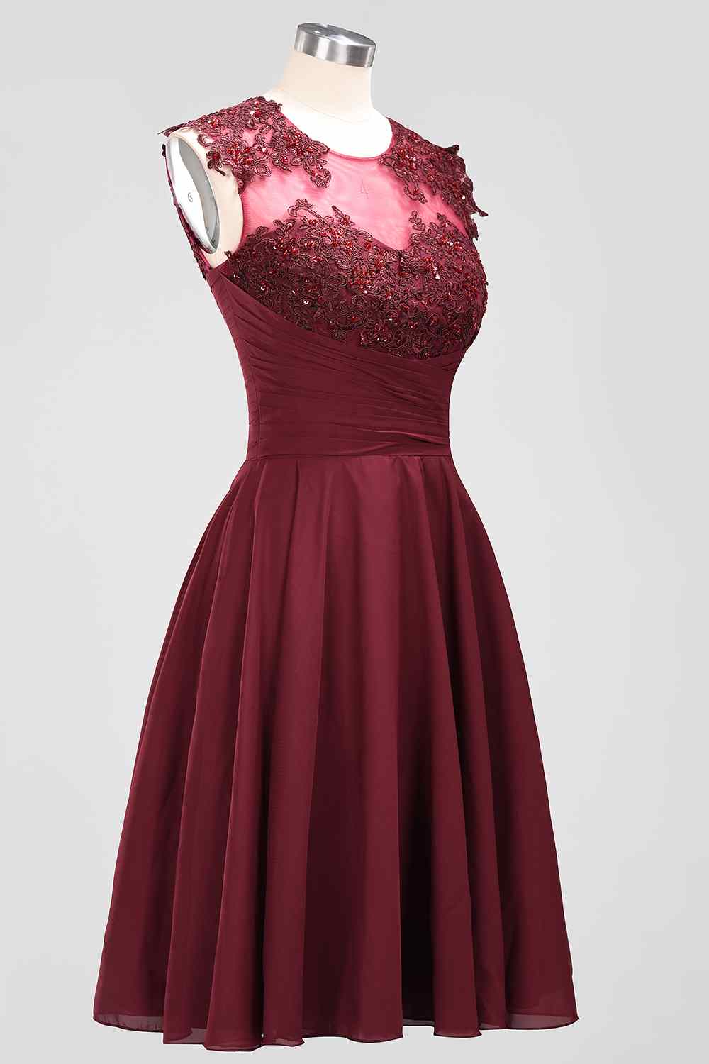 Burgundy A-line Illusion Neck Applique Chiffon Beaded Mini Bridesmaid Dress