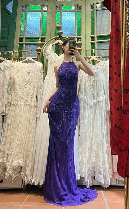 Vintage Deep Purple Mermaid Halter Neck Backless Beaded Chiffon Prom Dress Evening Dress P4115