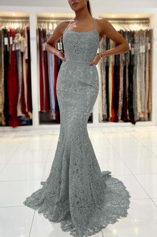 Gold Appliques Long Halter Straps Mermaid Evening Dress