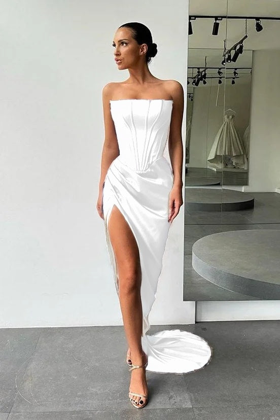 Strapless Slit Long Prom Dress Evening Party Gowns
