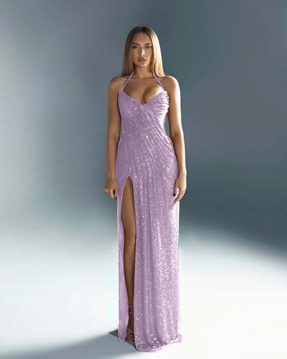 Sleeveless Halter Straps V-Neck Slit Prom Dress With Sequin