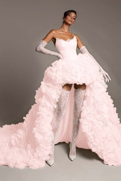 Sleeveless Strapless A Line Embroidery Pleated Prom Dress With Gloves
