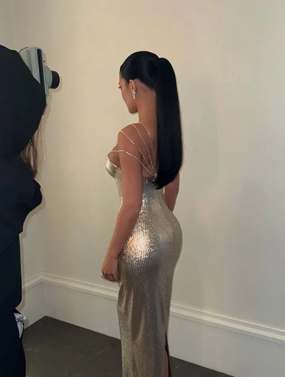 Sparkly Silver Off-the-Shoulder Evening Dress Sleeveless With Sequins