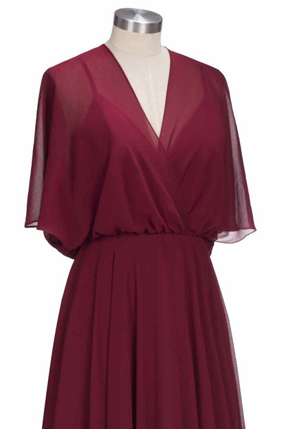 Burgundy A-line V Neck Bow Tie Back Chiffon Crepe Long Bridesmaid Dress